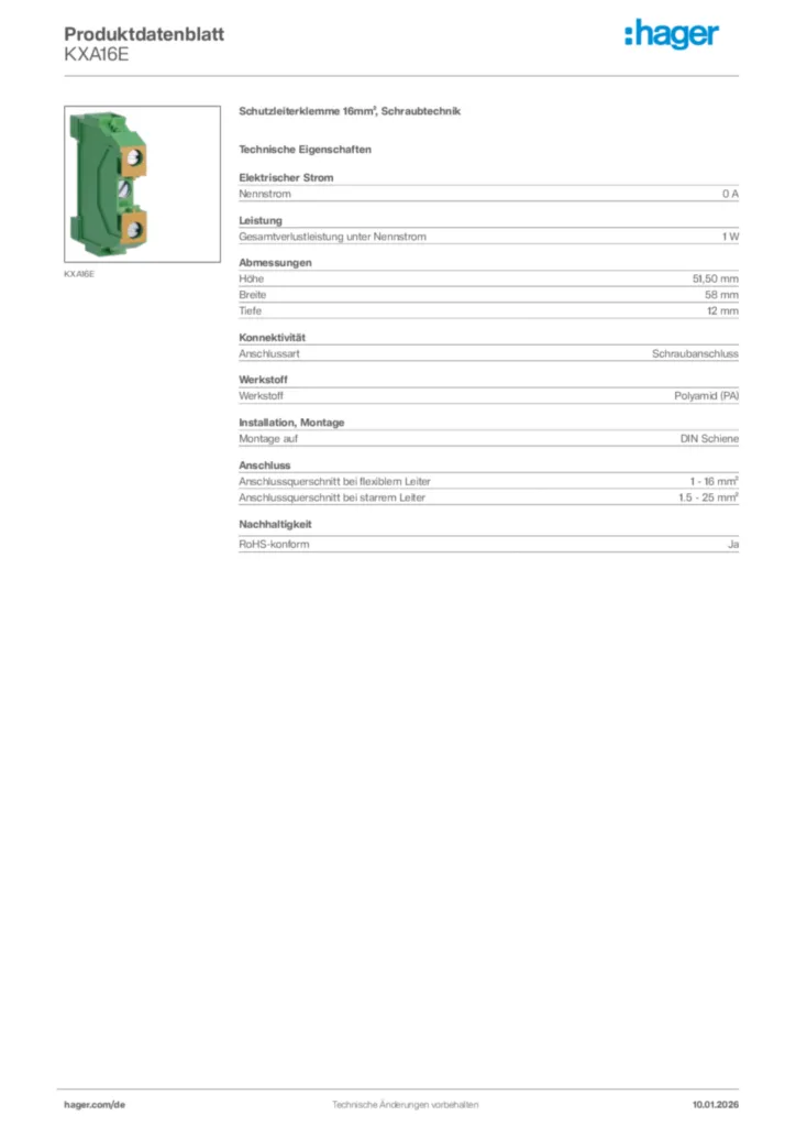 Bild Hager Produktdatenblatt KXA16E | Hager Deutschland