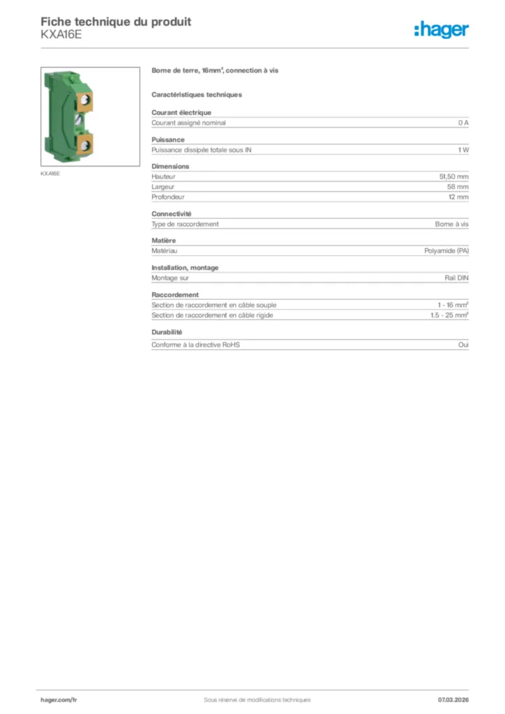 Image Hager Fiche technique du produit KXA16E | Hager France