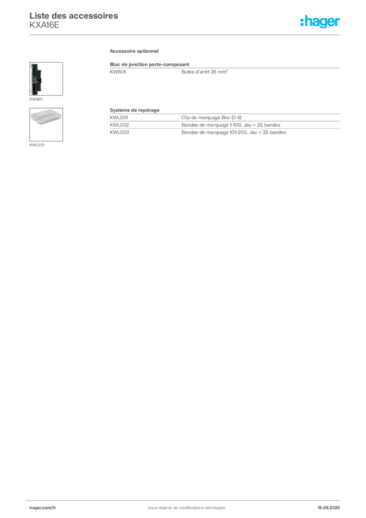 Image Hager Fiche technique du produit KXA16E | Hager France