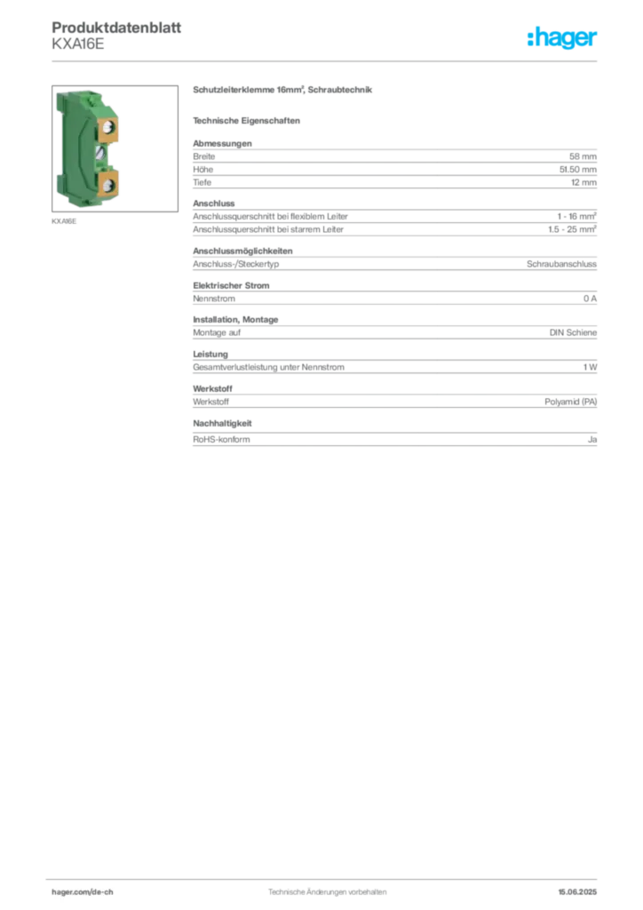 Bild Hager Produktdatenblatt KXA16E | Hager Schweiz