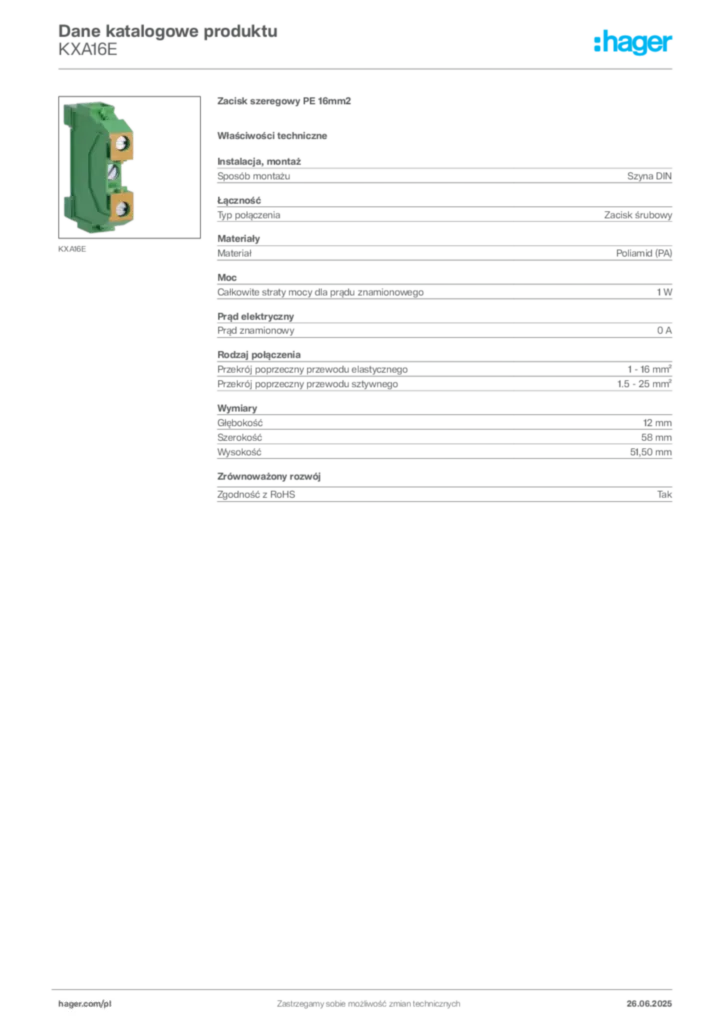 Zdjęcie Hager Karta katalogowa KXA16E | Hager Polska