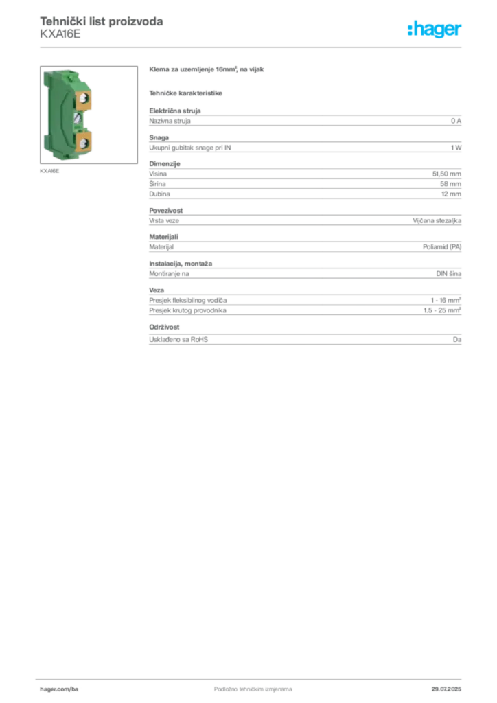 Slika Hager Product data sheet KXA16E  | Hager