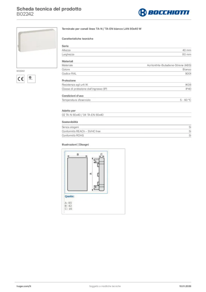 Immagine Bocchiotti Scheda tecnica del prodotto B02242 | Hager Italia