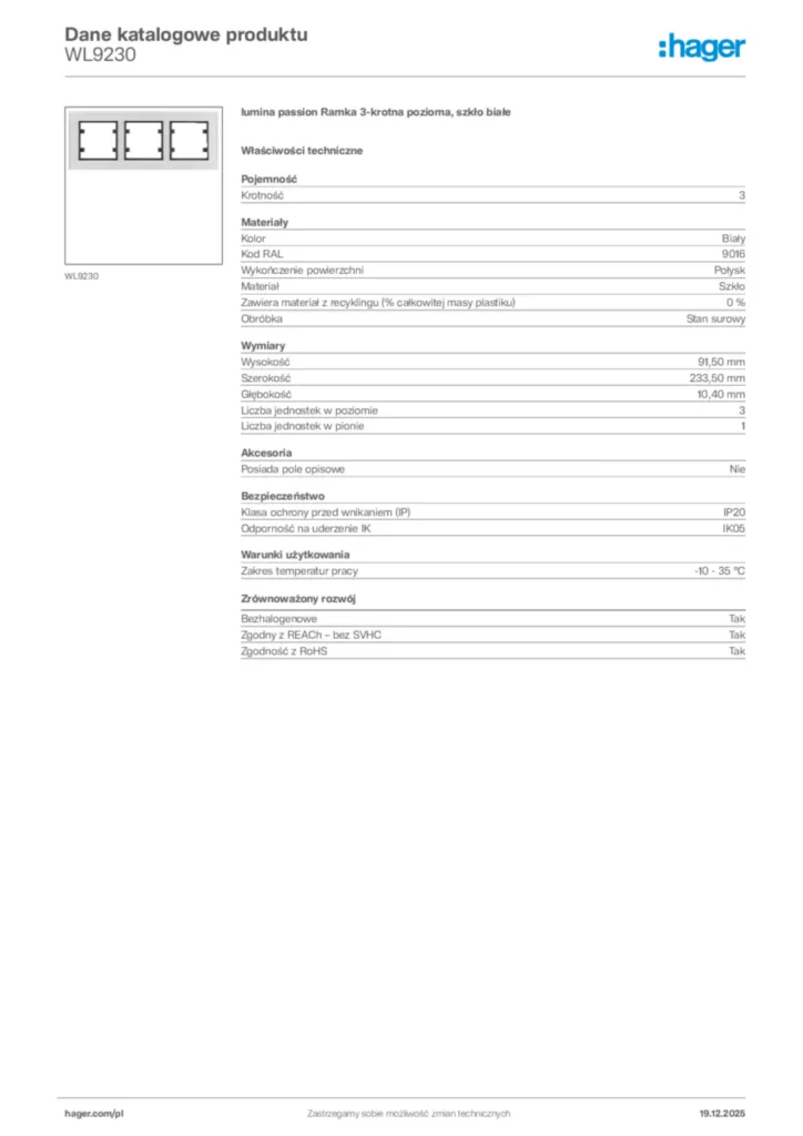 Zdjęcie Hager Karta katalogowa WL9230 | Hager Polska