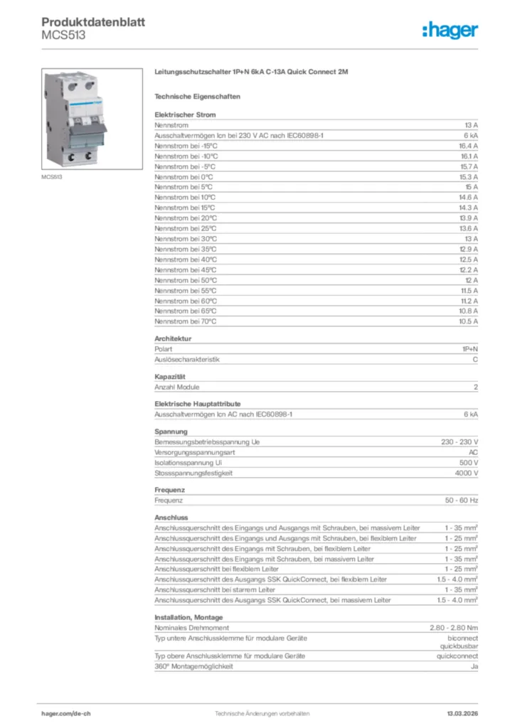 Bild Hager Produktdatenblatt MCS513 | Hager Schweiz