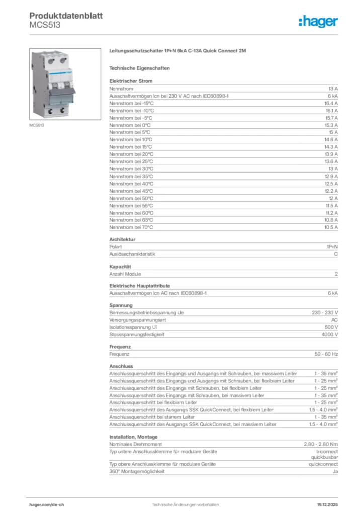 Bild Hager Produktdatenblatt MCS513 | Hager Schweiz