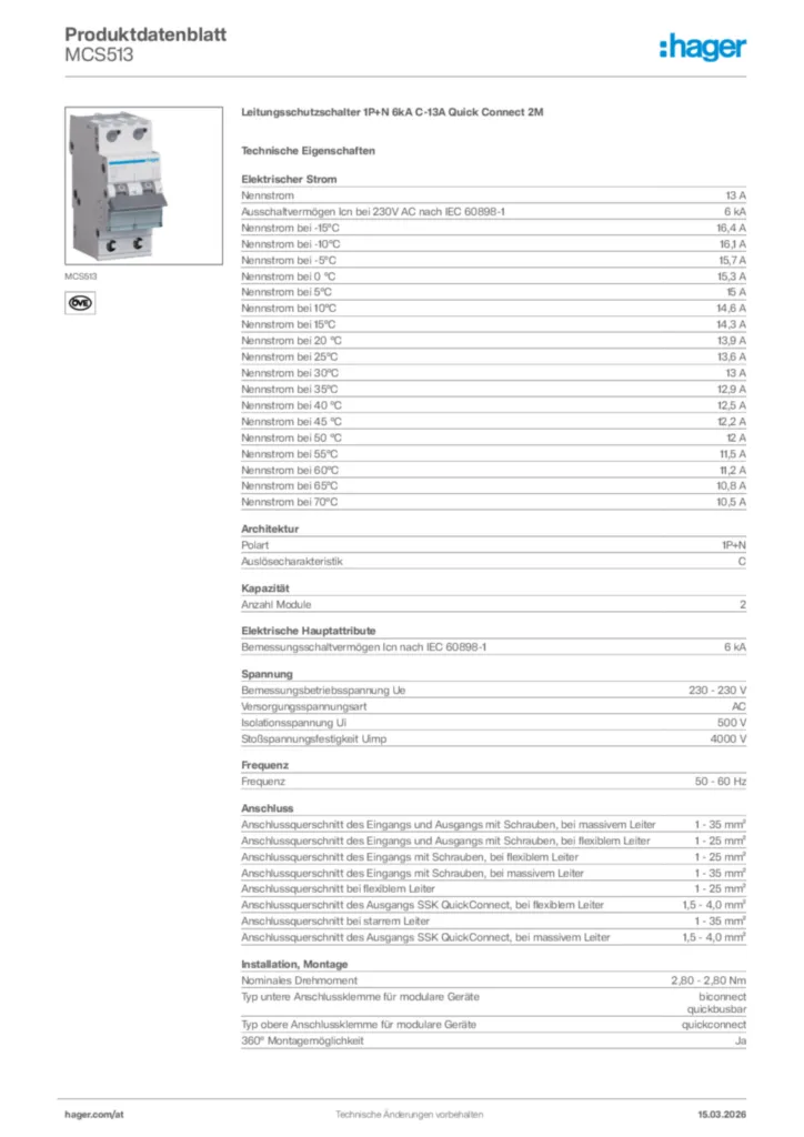 Bild Hager Produktdatenblatt MCS513 | Hager Deutschland