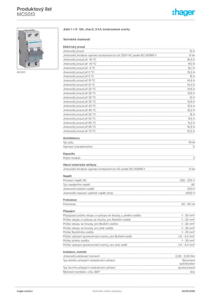Obrázek Hager Produktový list MCS513 | Hager