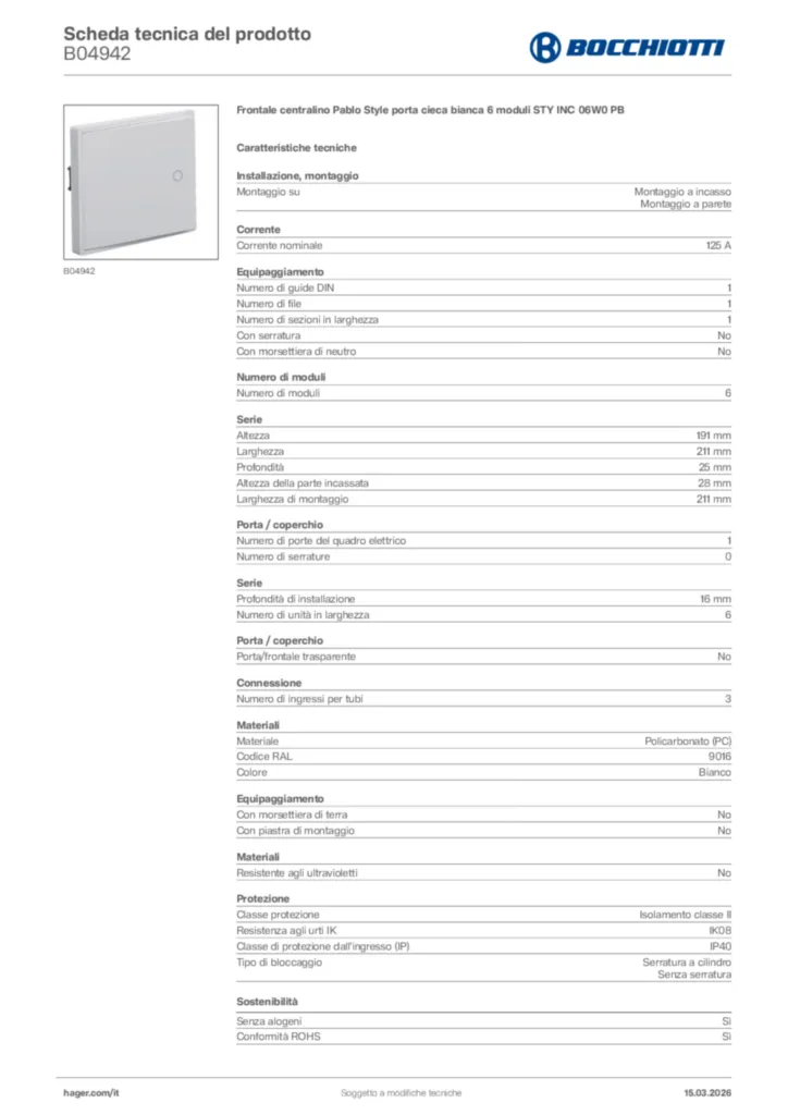 Immagine Bocchiotti Scheda tecnica del prodotto B04942 | Hager Italia