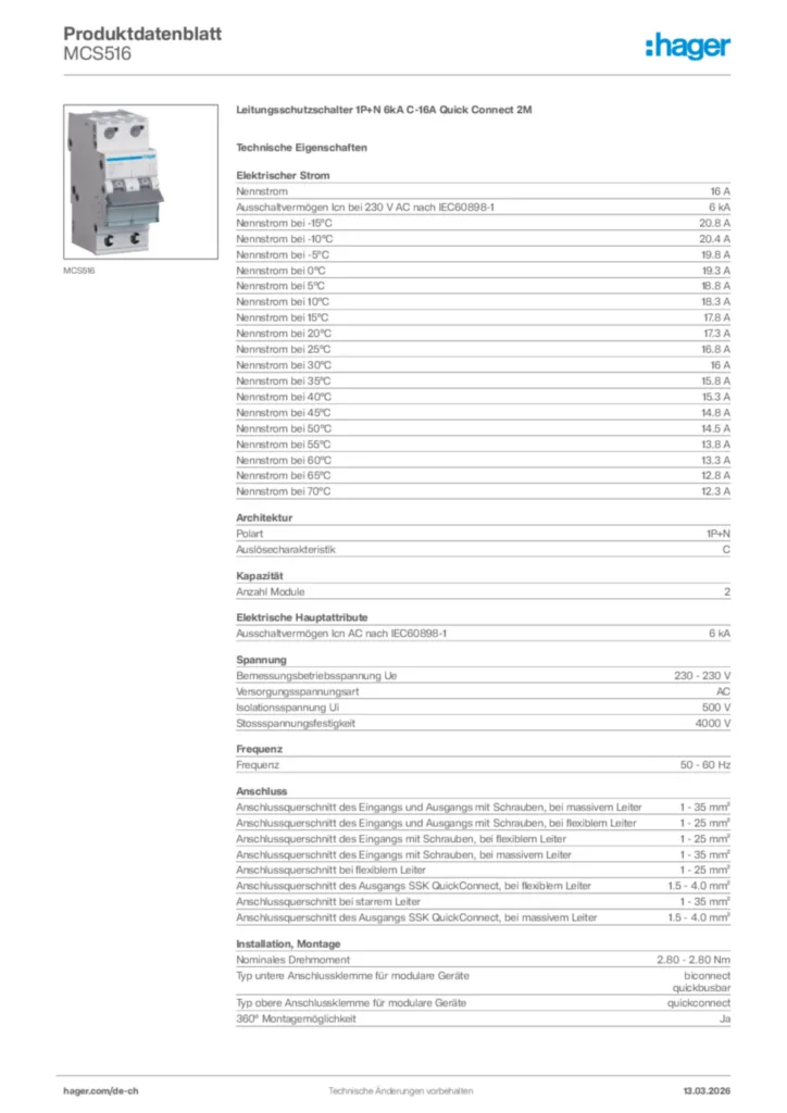 Bild Hager Produktdatenblatt MCS516 | Hager Schweiz