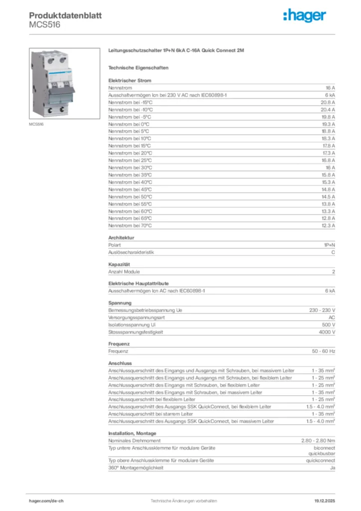 Bild Hager Produktdatenblatt MCS516 | Hager Schweiz