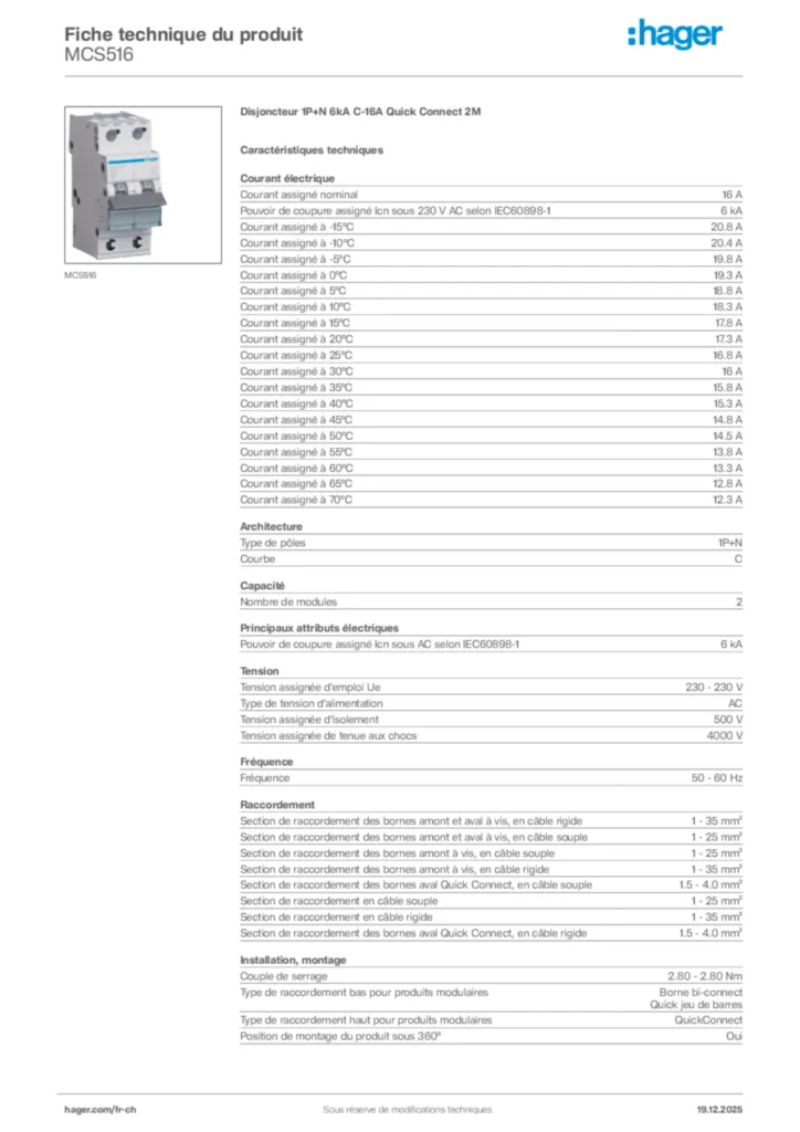 Image Hager Fiche technique du produit MCS516 | Hager Suisse