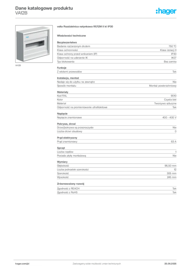 Zdjęcie Hager Karta katalogowa VA12B | Hager Polska