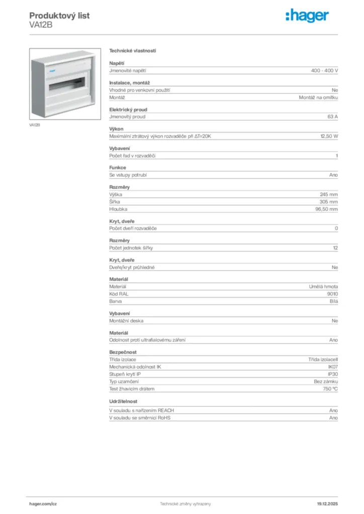 Obrázek Hager Produktový list VA12B | Hager
