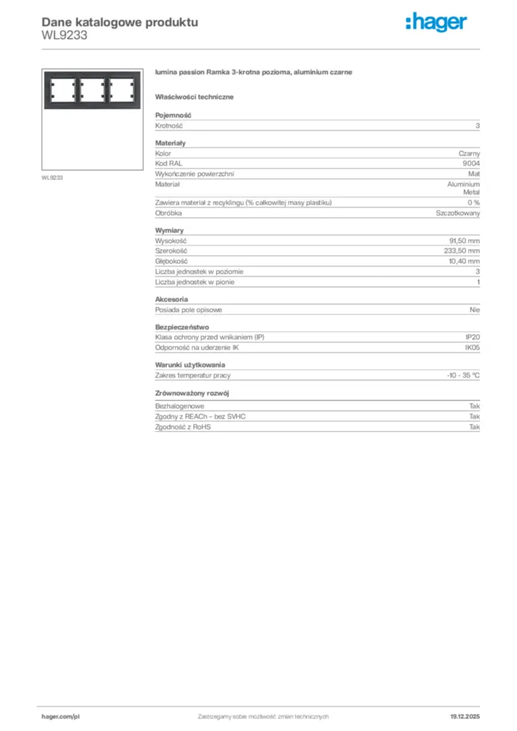 Zdjęcie Hager Karta katalogowa WL9233 | Hager Polska