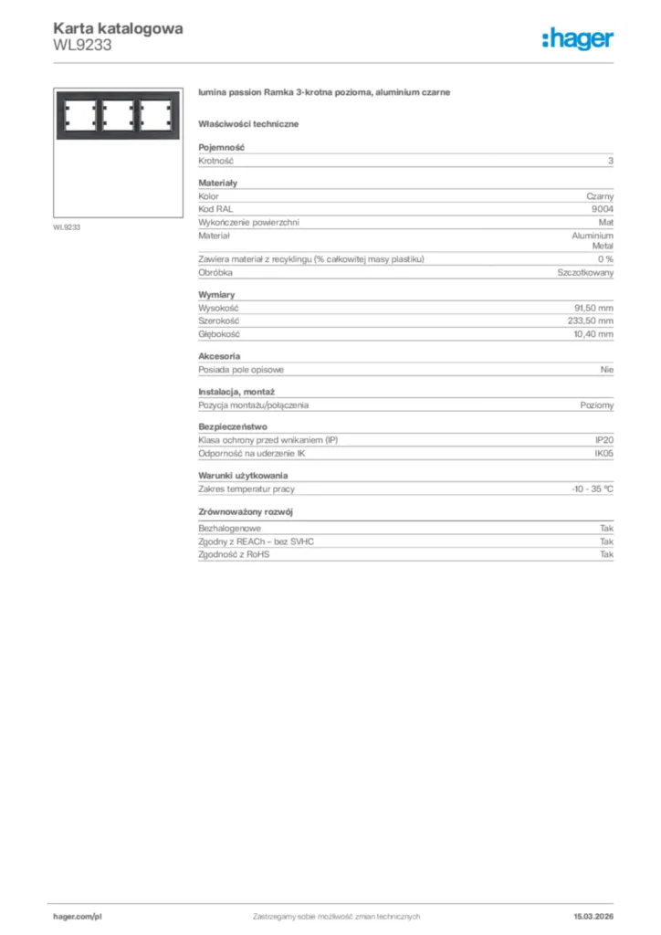 Zdjęcie Hager Karta katalogowa WL9233 | Hager Polska