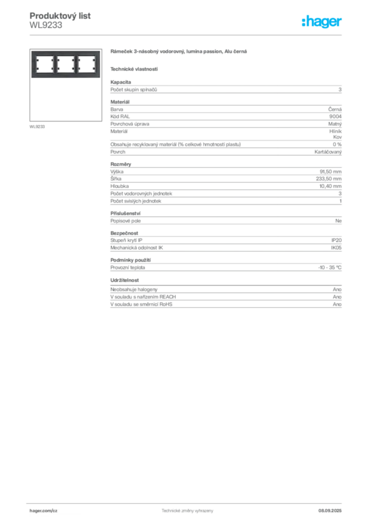 Obrázek Hager Produktový list WL9233 | Hager
