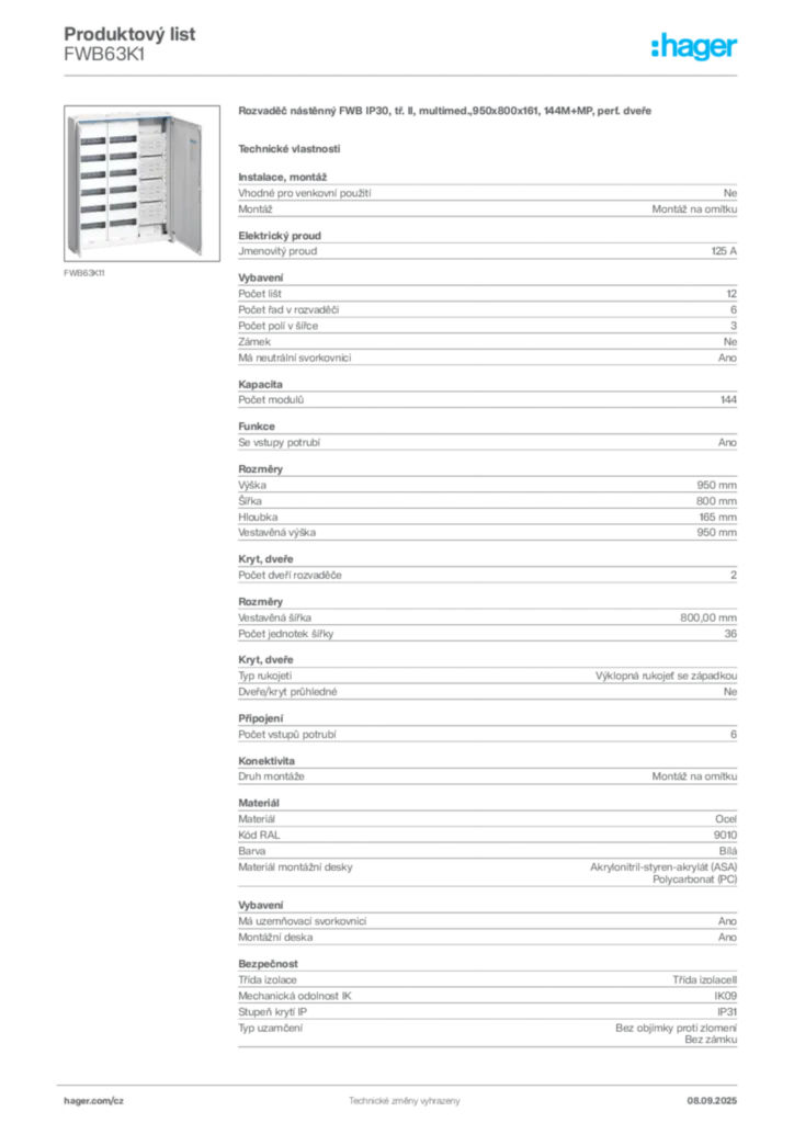 Obrázek Hager Produktový list FWB63K1 | Hager