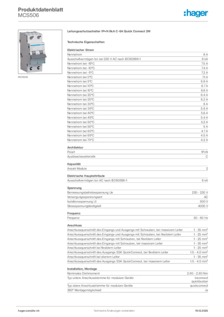 Bild Hager Produktdatenblatt MCS506 | Hager Schweiz