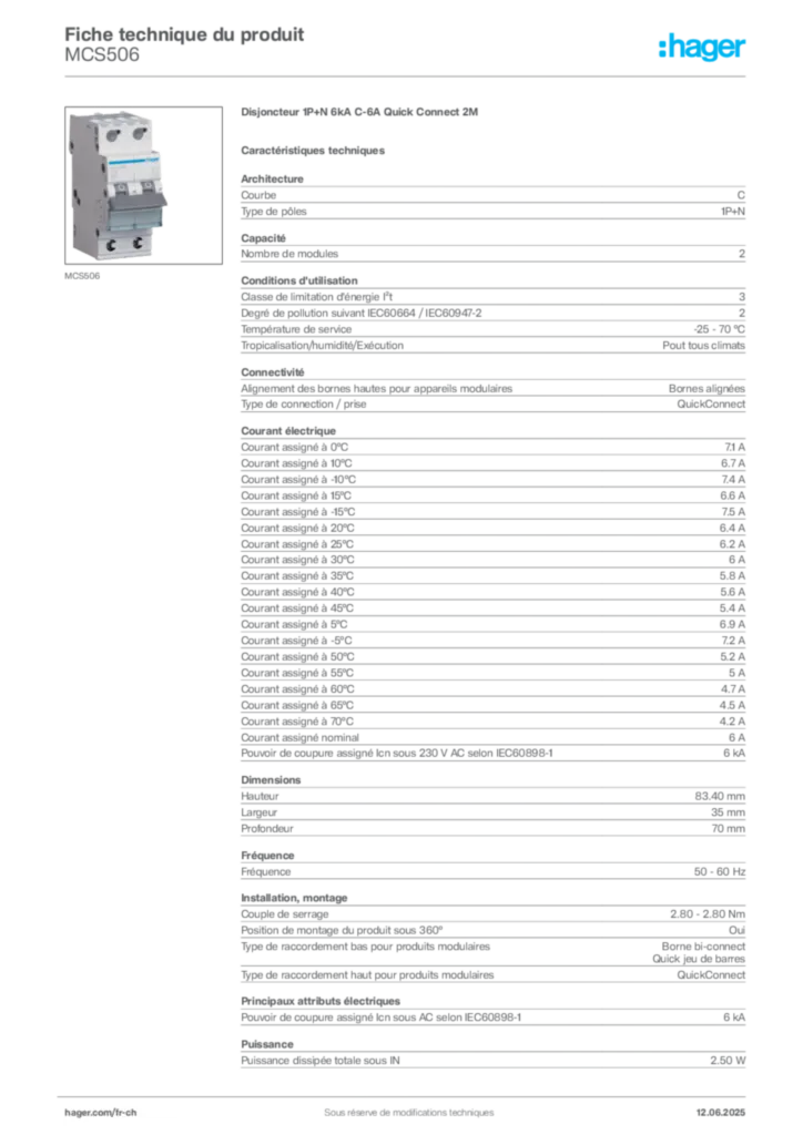 Image Hager Fiche technique du produit MCS506 | Hager Suisse