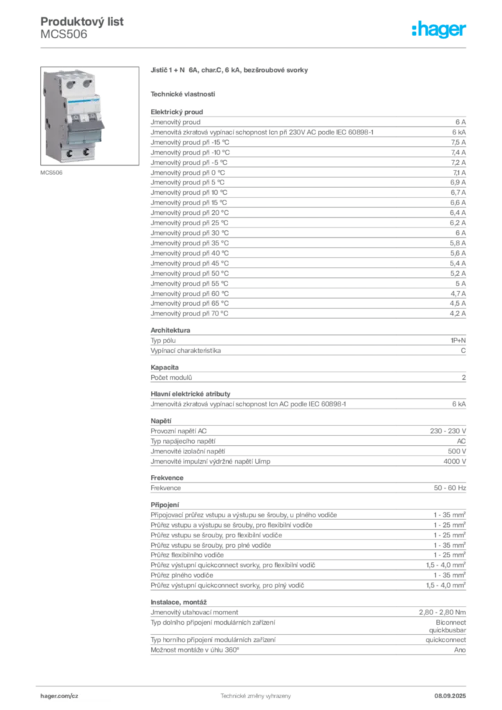 Obrázek Hager Produktový list MCS506 | Hager
