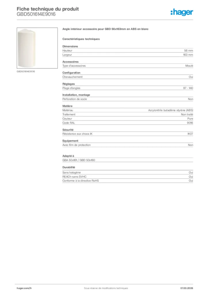 Image Hager Fiche technique du produit GBD501614E9016 | Hager France