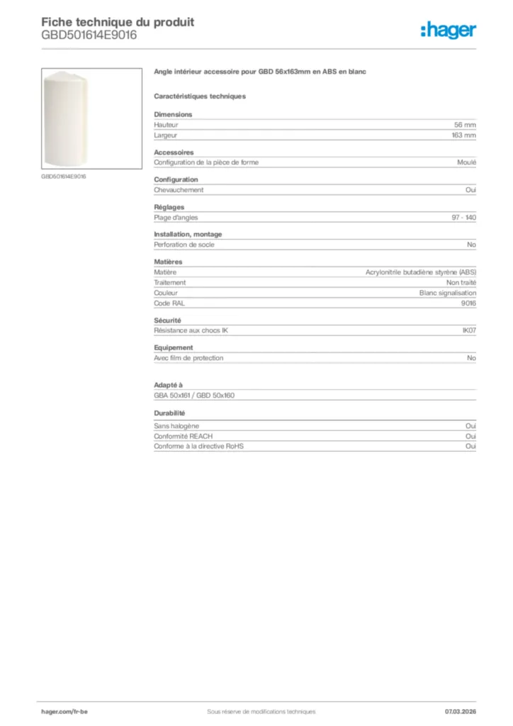 Image Hager Fiche technique du produit GBD501614E9016 | Hager Belgique
