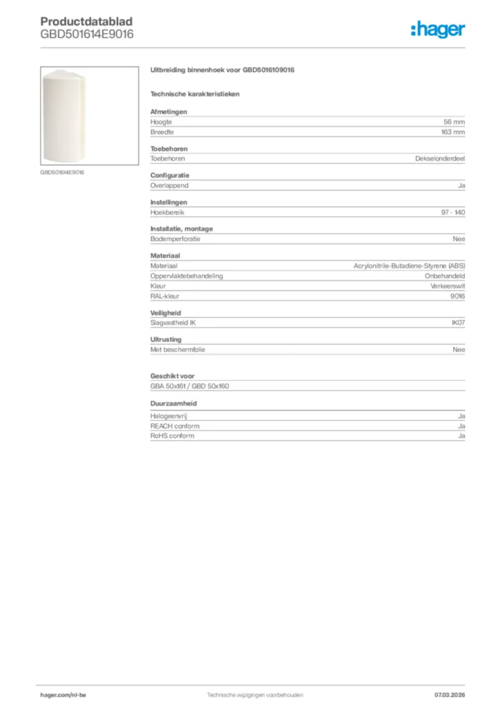 Afbeelding Hager Productdatablad GBD501614E9016 | Hager Belgium