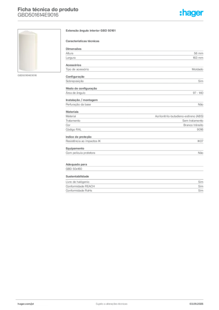 Imagem Hager Ficha técnica do produto GBD501614E9016 | Hager Portugal