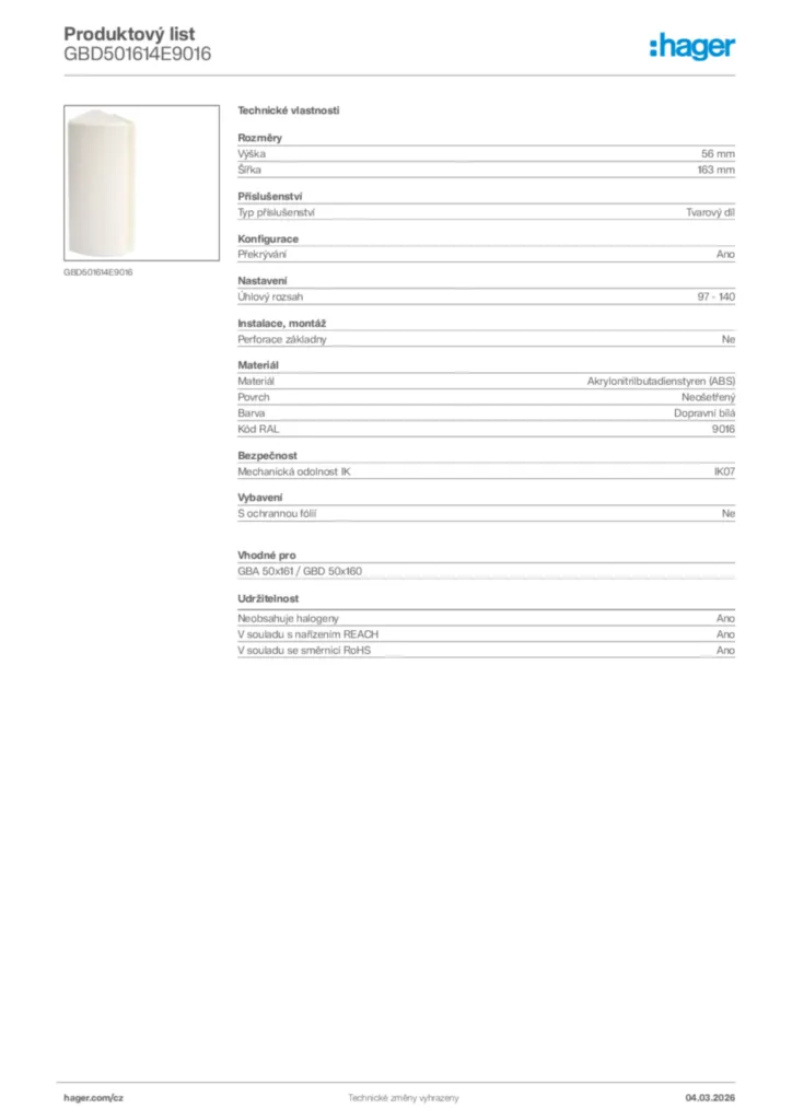 Obrázek Hager Product data sheet GBD501614E9016 | Hager