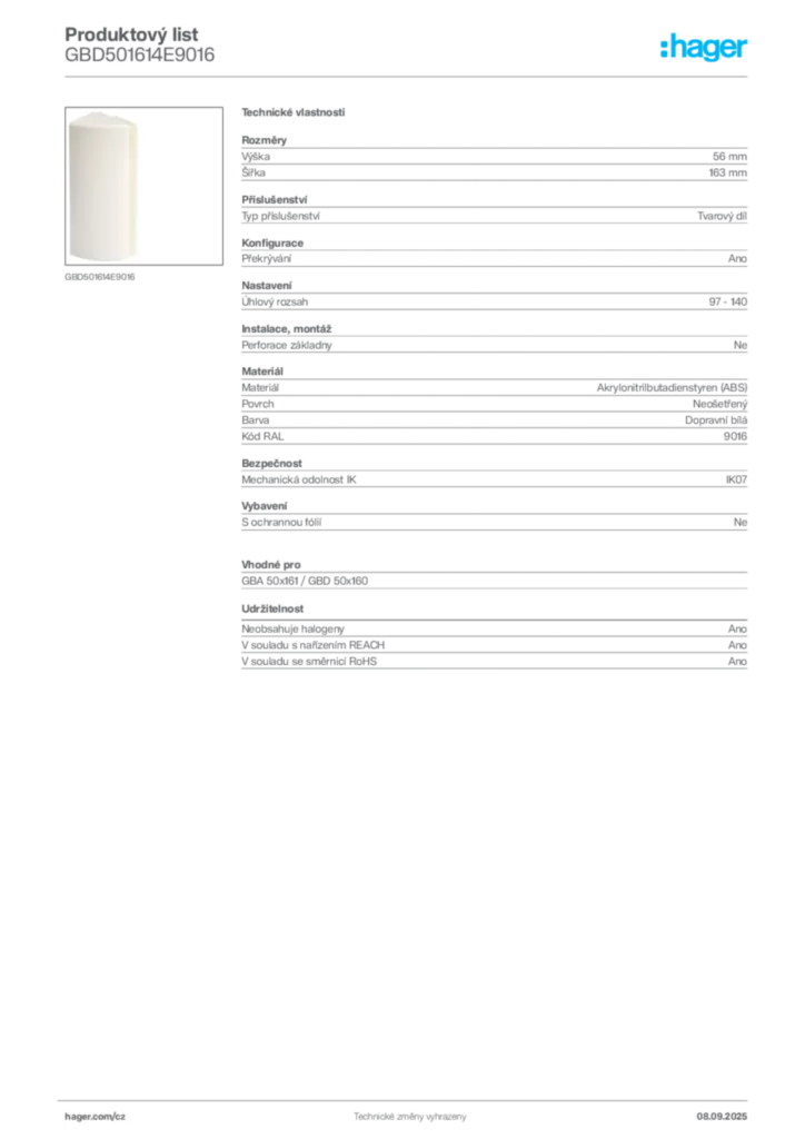 Obrázek Hager Produktový list GBD501614E9016 | Hager