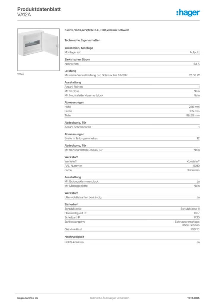 Bild Hager Produktdatenblatt VA12A | Hager Schweiz