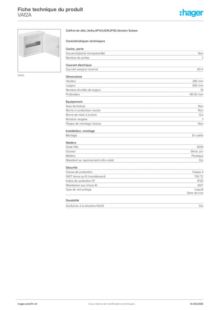 Image Hager Fiche technique du produit VA12A | Hager Suisse
