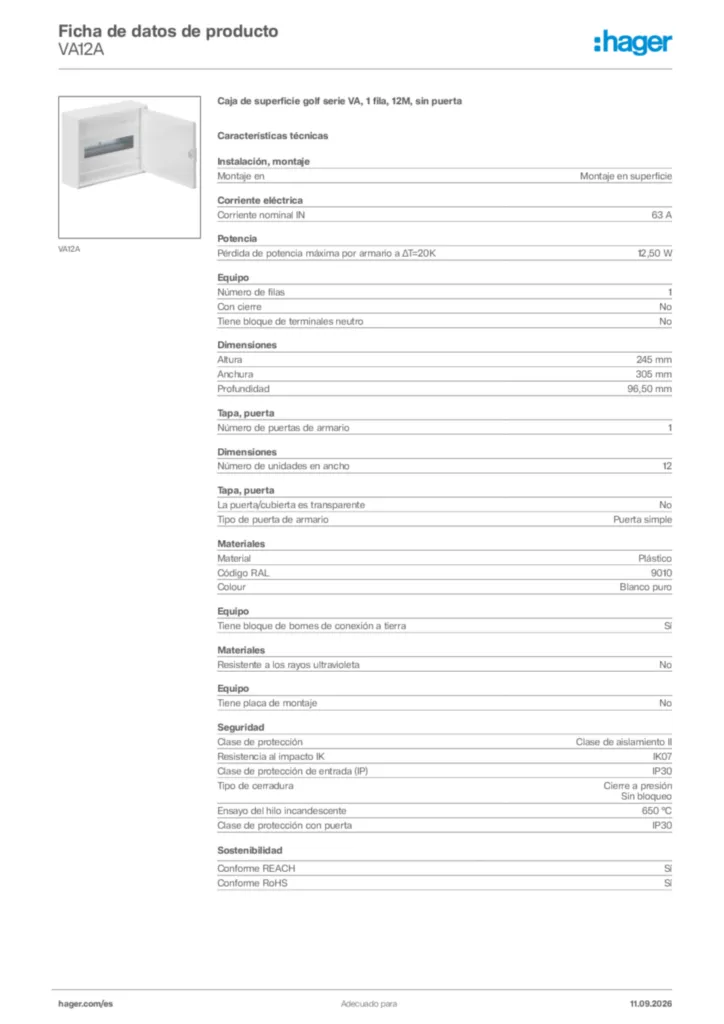 Imagen Hager Ficha de datos de producto VA12A | Hager España