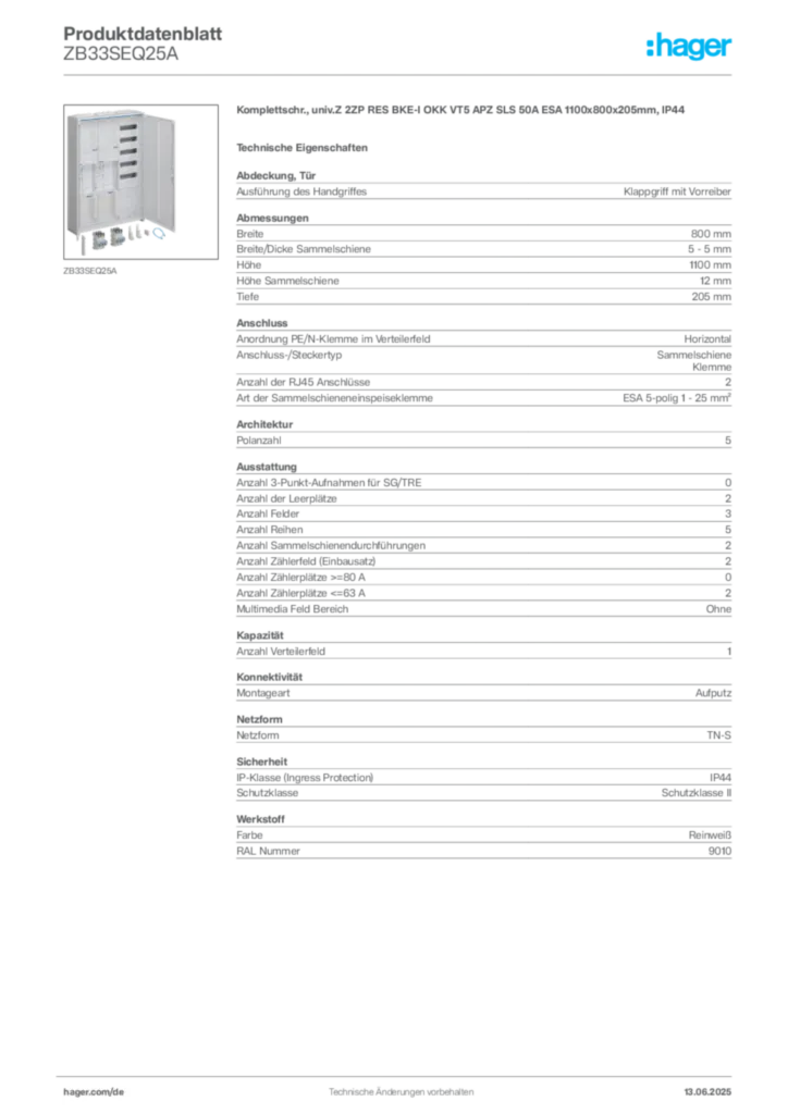 Bild Hager Produktdatenblatt ZB33SEQ25A | Hager Deutschland
