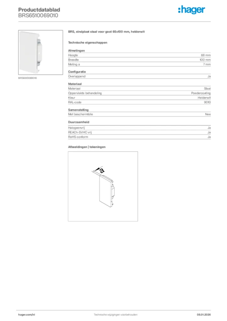 Afbeelding Hager Productdatablad BRS6510069010 | Hager Nederland