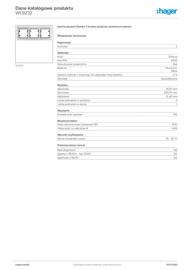 Zdjęcie Hager Karta katalogowa WL9232 | Hager Polska