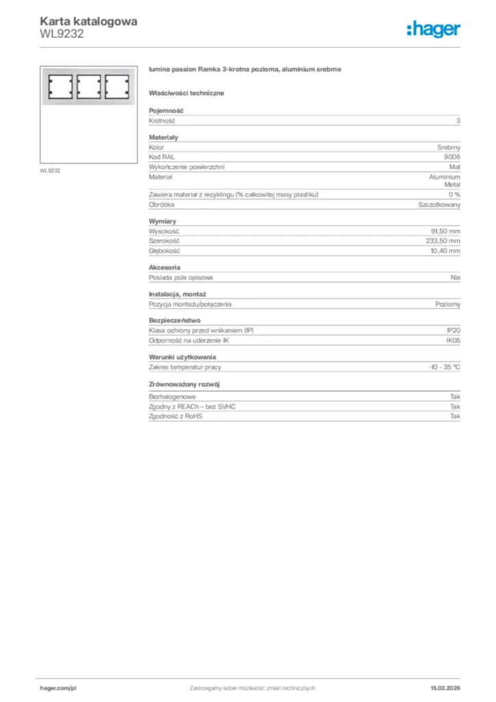 Zdjęcie Hager Karta katalogowa WL9232 | Hager Polska