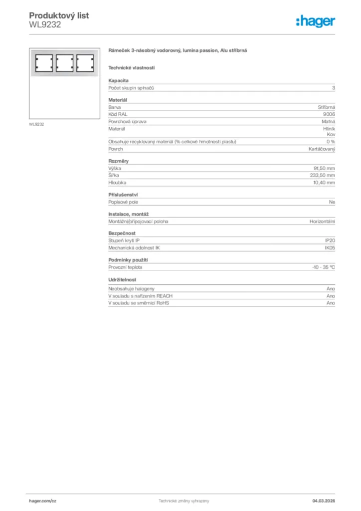 Obrázek Hager Product data sheet WL9232 | Hager