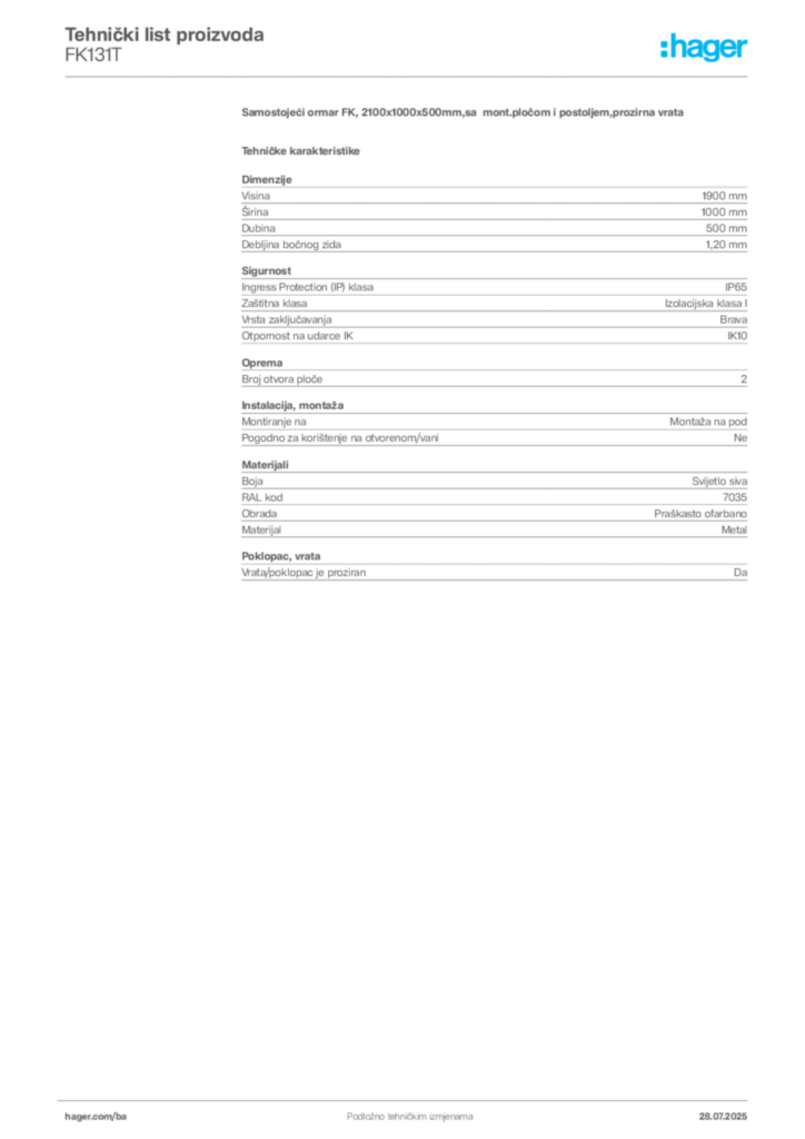 Slika Hager Product data sheet FK131T  | Hager