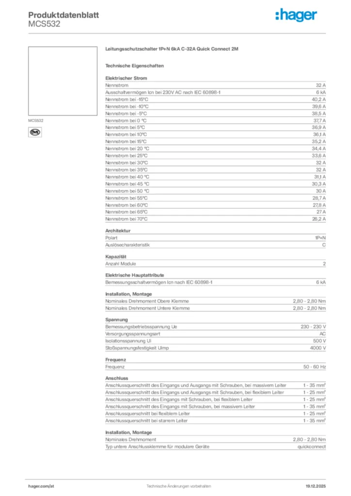 Bild Hager Produktdatenblatt MCS532 | Hager Deutschland