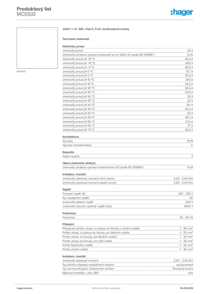 Obrázek Hager Product data sheet MCS532 | Hager