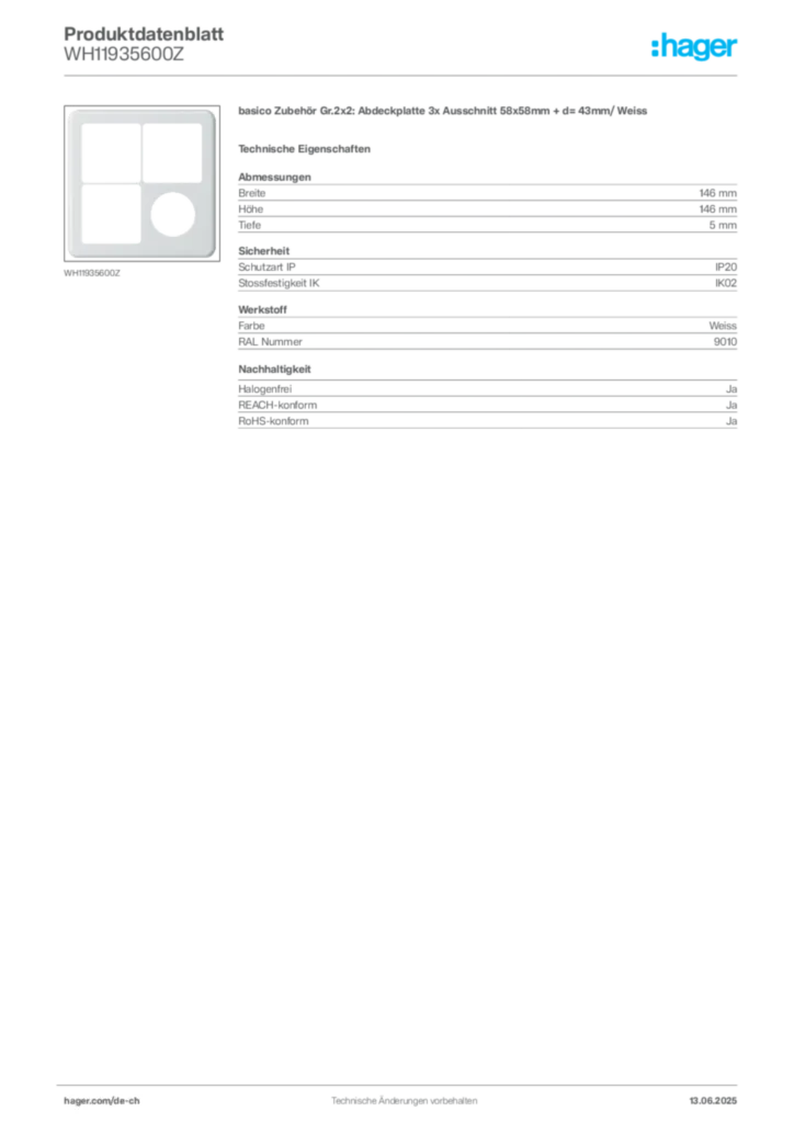 Bild Hager Produktdatenblatt WH11935600Z | Hager Schweiz