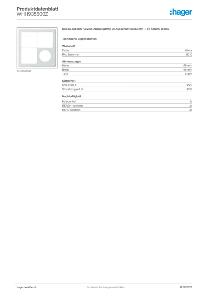 Bild Hager Produktdatenblatt WH11935600Z | Hager Schweiz