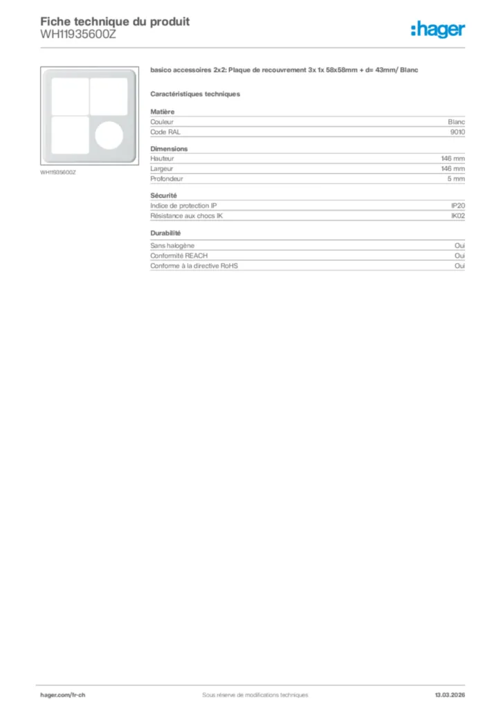 Image Hager Fiche technique du produit WH11935600Z | Hager Suisse