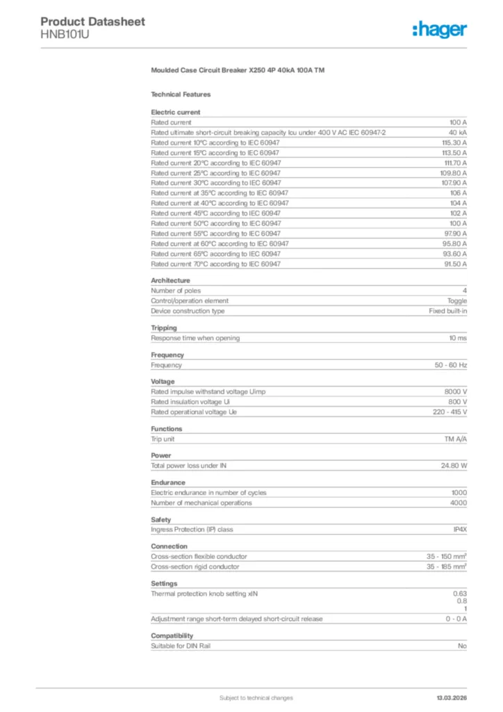 Image Hager Product data sheet HNB101U  | Hager Africa