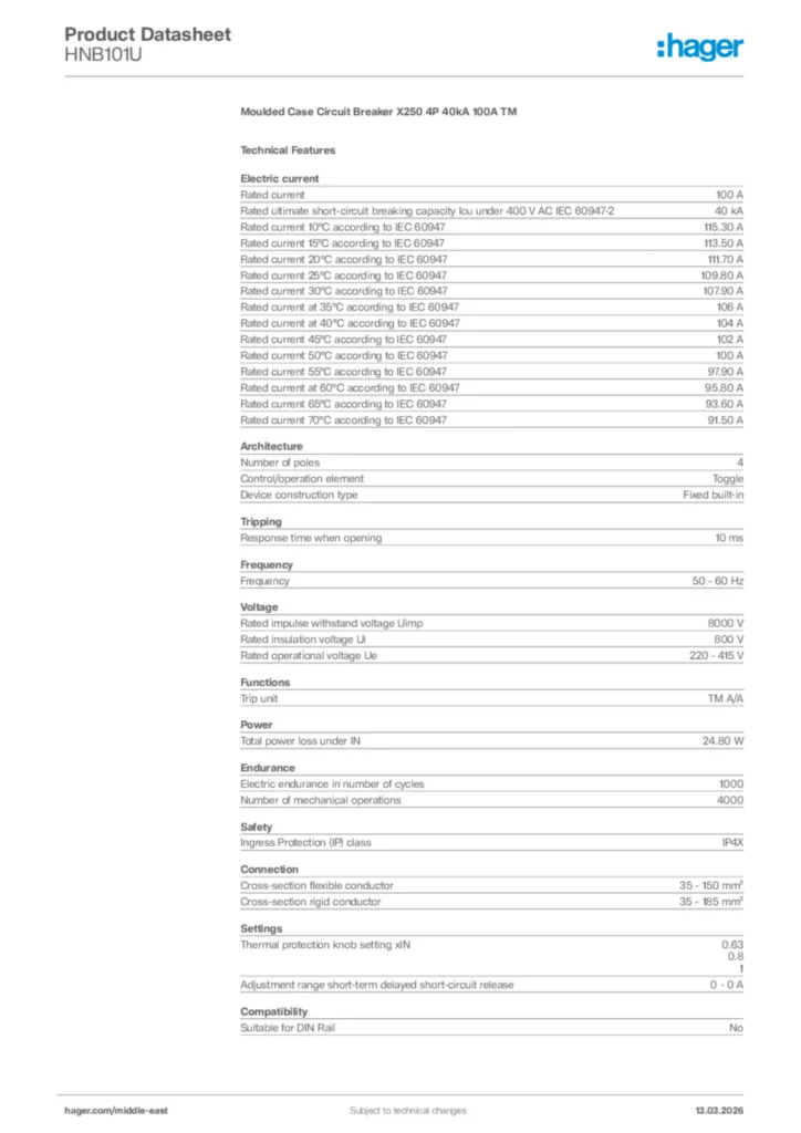 Image Hager Product data sheet HNB101U  | Hager