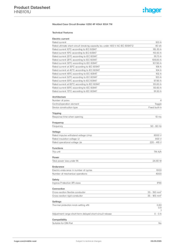 Image Hager Product data sheet HNB101U  | Hager