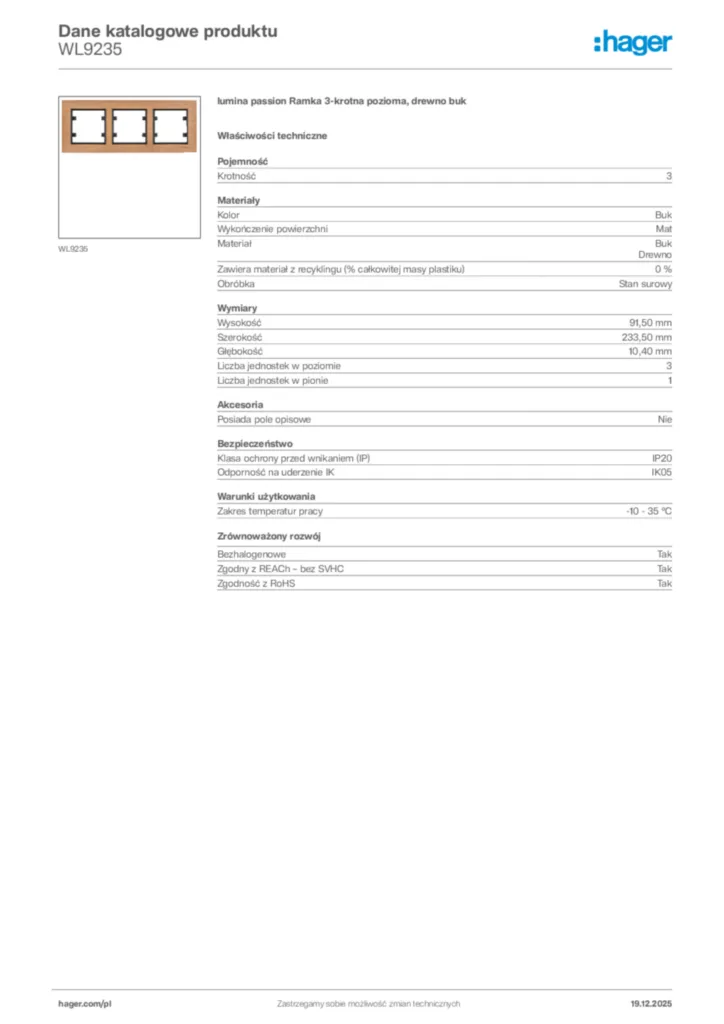 Zdjęcie Hager Karta katalogowa WL9235 | Hager Polska