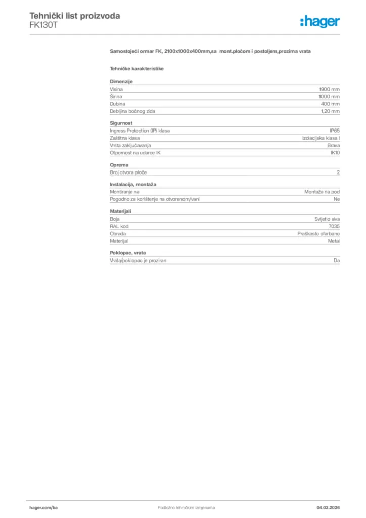 Slika Hager Tehnički list proizvoda FK130T  | Hager